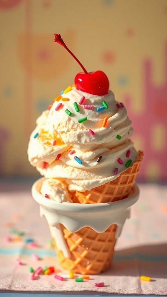 A bowl of homemade vanilla ice cream topped with sprinkles and a cherry in a waffle cone.